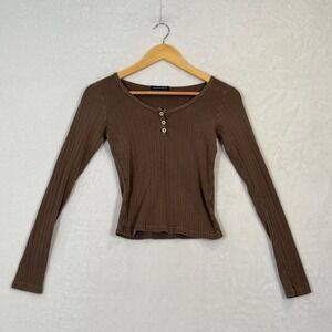 Brandy Melville Brown Henley Long Sleeve Top One Size